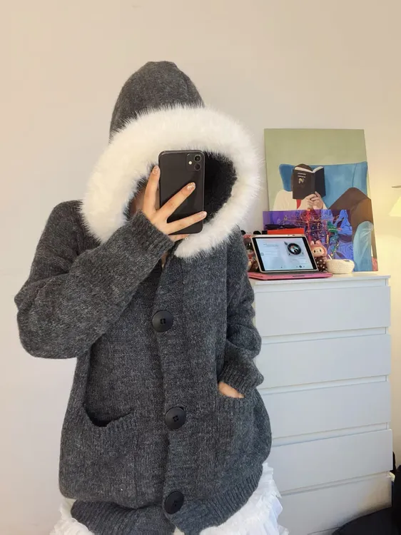 韩系复古灰色纯欲大毛领连帽宽松毛衣外套秋冬慵懒风软糯针织上衣