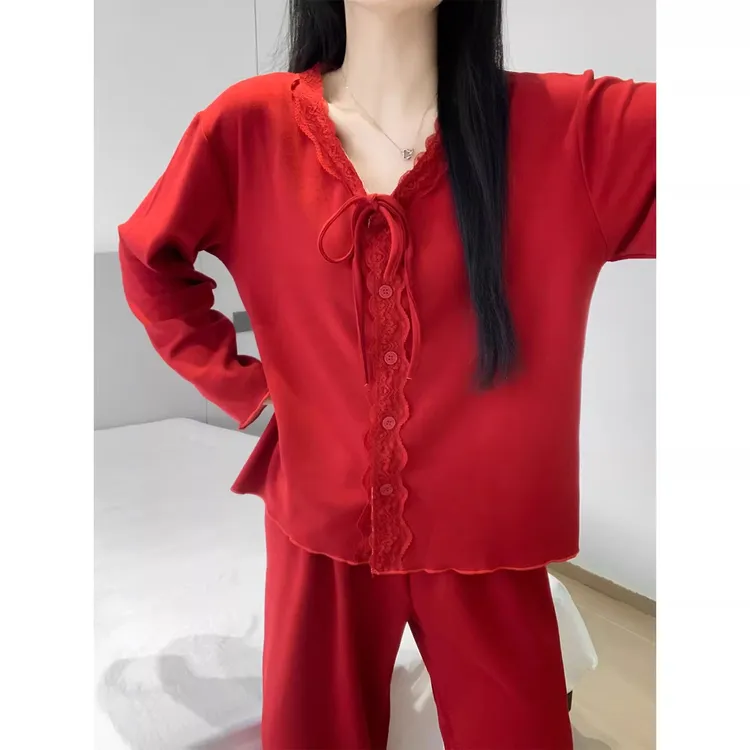 本命年红色薄绒睡衣女秋冬季德绒性感蕾丝边纯欲风长袖家居服套装