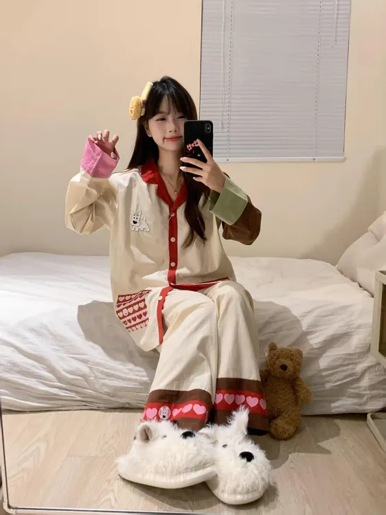 【DMXJ大梦想家】韩系撞色条纹小狗睡衣女春秋季2025新款家居服套装