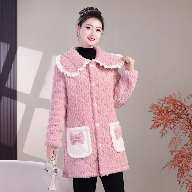 加绒加厚款睡衣上衣外套中长款保暖女棉服冬款棉衣防寒耐脏罩衣