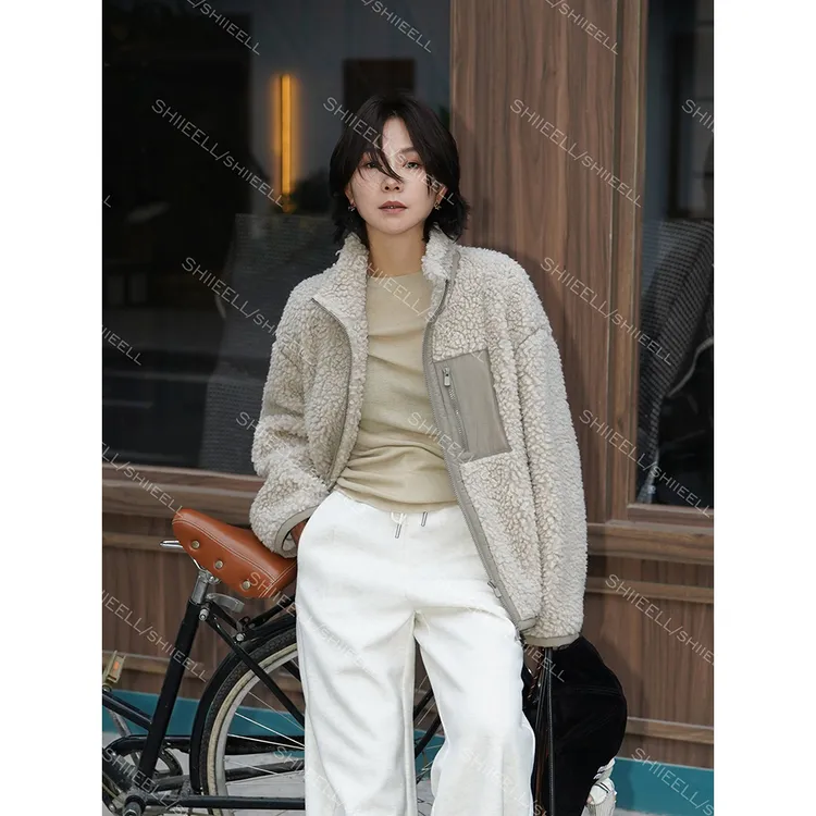 SHIIEELL【温暖颗粒】颗粒绒蓬松时尚加厚宽松拼接口袋外套Z3209