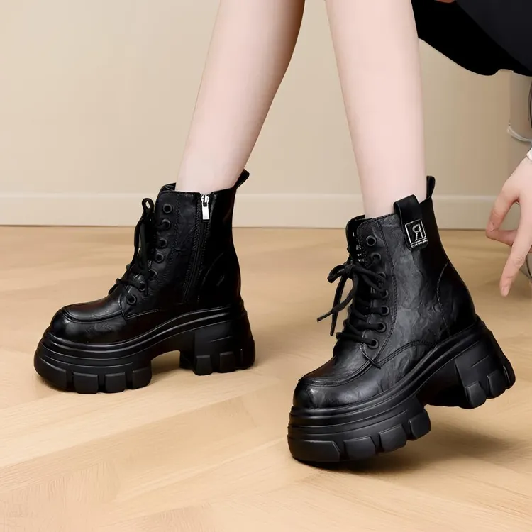 10CM厚底增高马丁靴女2025冬季新款时尚百搭显瘦小个子高跟短靴子