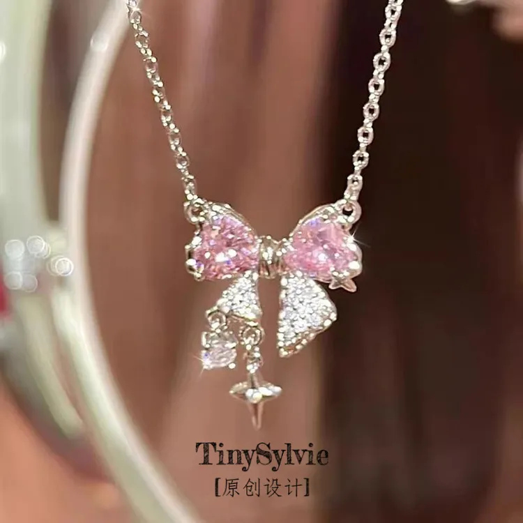 纯铜大理石项链 bling超闪粉色钛钢蝴蝶结项链甜美少女气质2025年