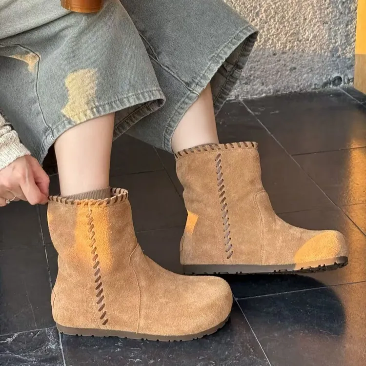 法式复古美拉德真皮短靴女鞋2025年秋冬季新款套筒马丁靴休闲百搭