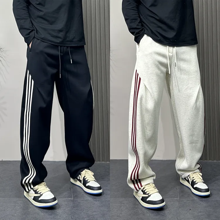 2025男秋冬新款宽松休闲加绒条纹拼接直筒裤美式三道杠阔腿运动裤