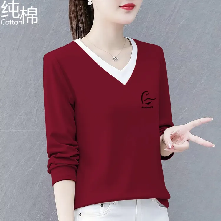 纯棉t恤女长袖打底衫大码春秋新款宽松显瘦洋气百搭中年女士上衣