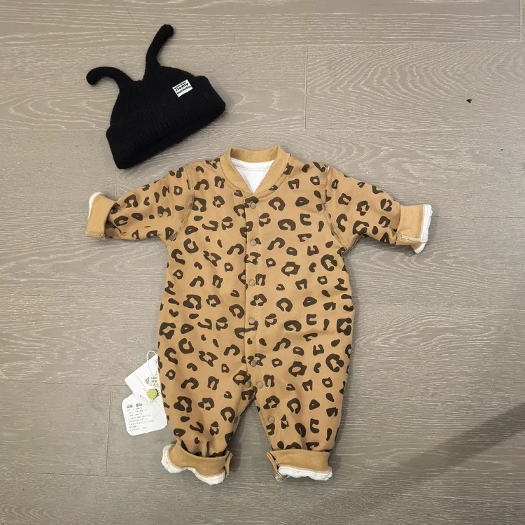 薄棉婴幼儿连身衣保暖棉衣宝宝哈衣爬服棉服春秋季婴儿通用豹纹