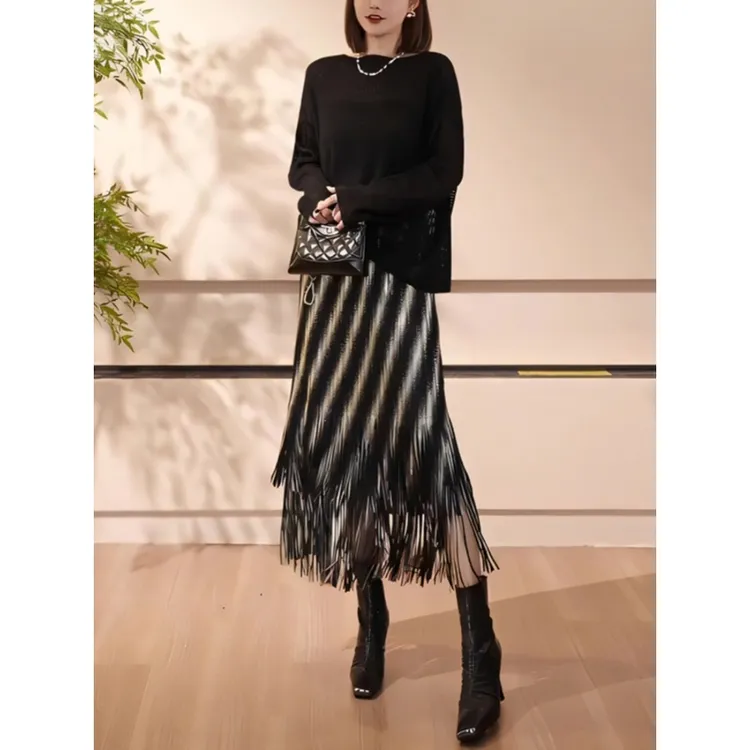 黑白条纹气质流苏半身裙女2025褶皱新款设计感小众时髦气质半身裙