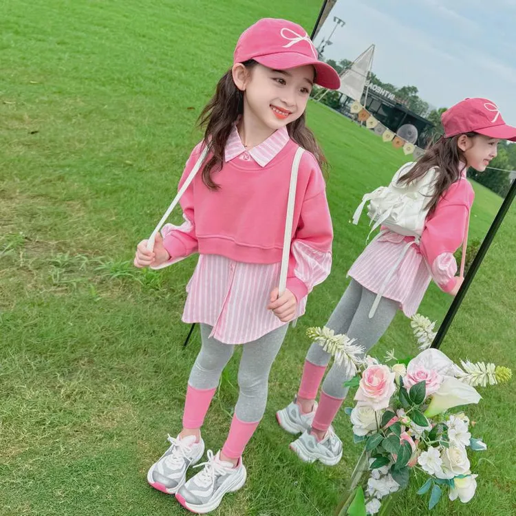 女童春秋套装2024新款女宝宝时髦洋气假两件上衣儿童秋季两件套潮