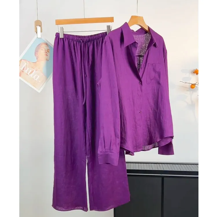 南法老钱风亚麻衬衫套装女夏季高端通勤简约棉麻衬衣休闲裤两件套