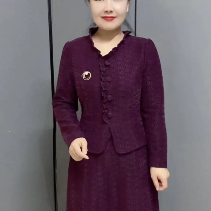 秋冬新款时尚洋气长气质拼接加绒妈妈装中老年连衣裙显瘦百搭