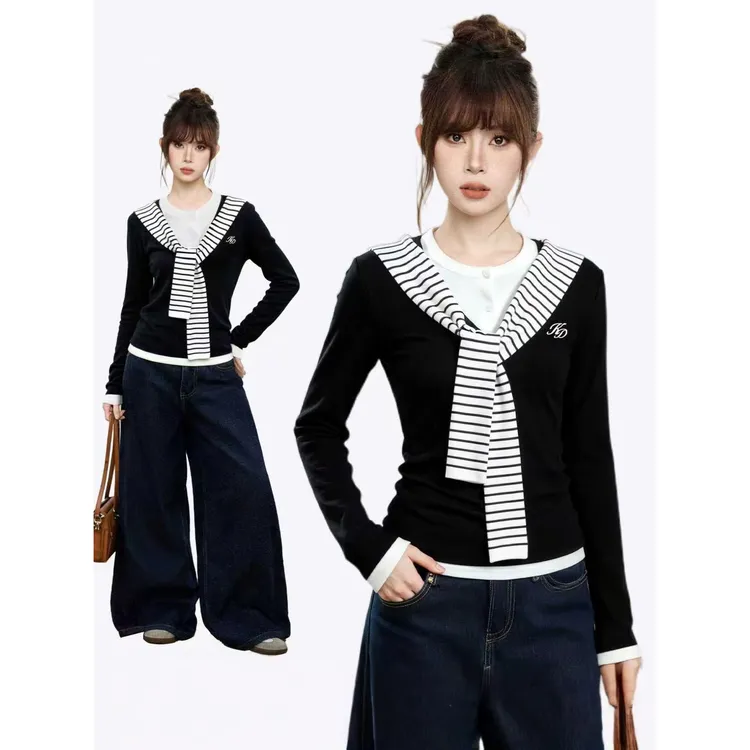 黑色假两件条纹披肩正肩长袖针织衫女早秋季修身内搭打底短款上衣