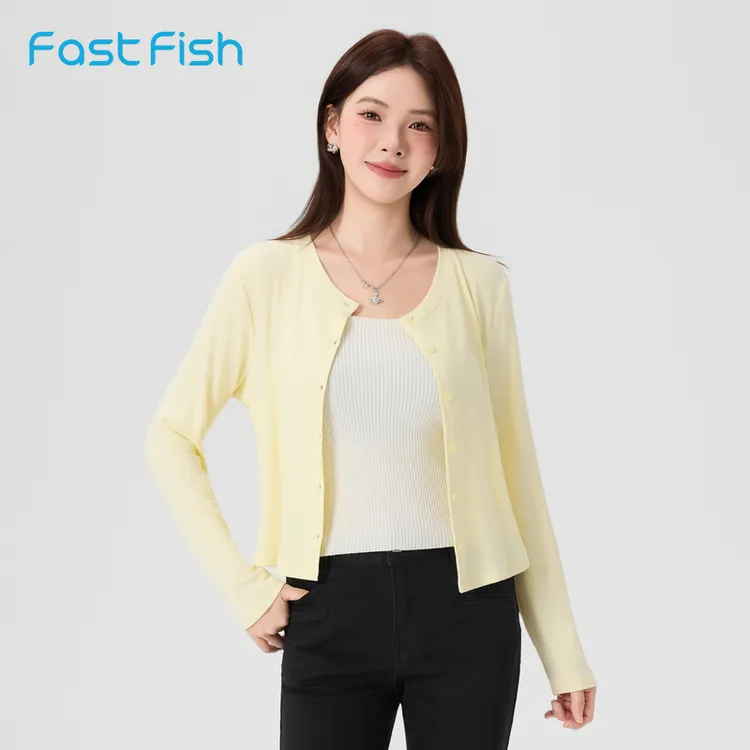 快鱼2025秋季新款T恤经典百搭长袖休闲上衣纯色简约圆领开衫女