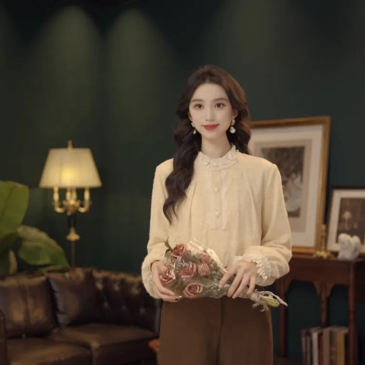 琦琦【淡水香槟】复古港风秋冬厚款休闲百搭衬衫上衣YE0708491