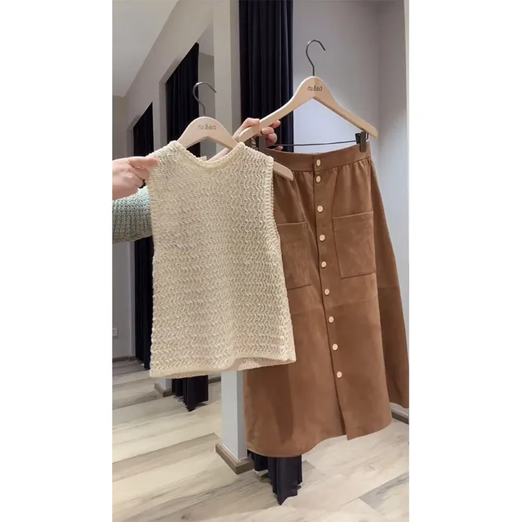 2025夏季度假风修身显瘦小众无袖针织上衣气质收腰a字半身裙套装