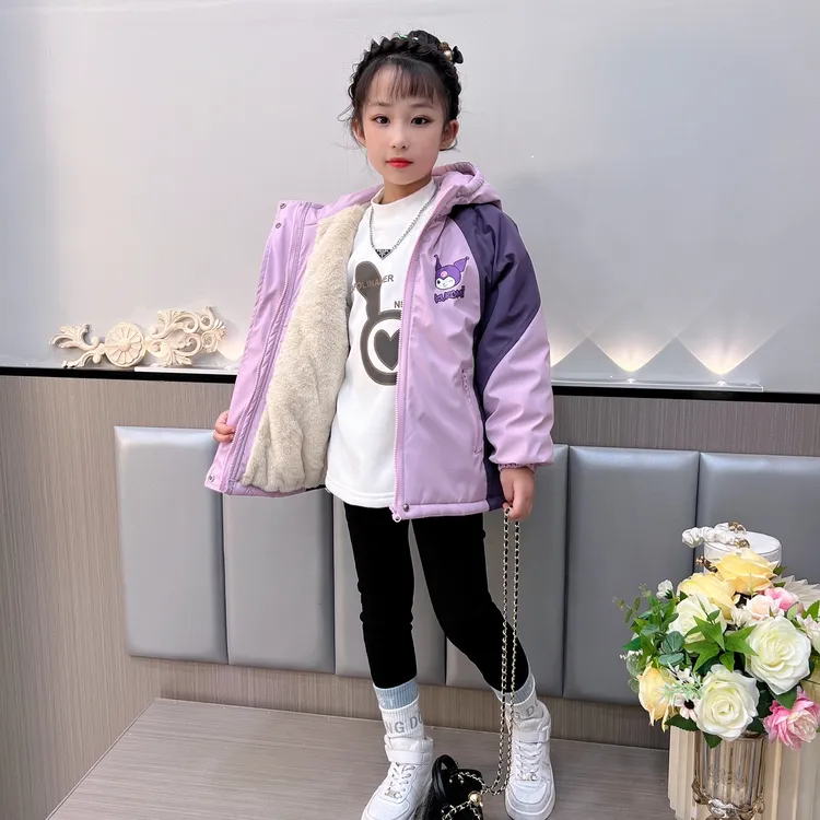 女童夹棉冲锋衣外套25新款秋冬洋气加绒加厚派克服中大童连帽上衣