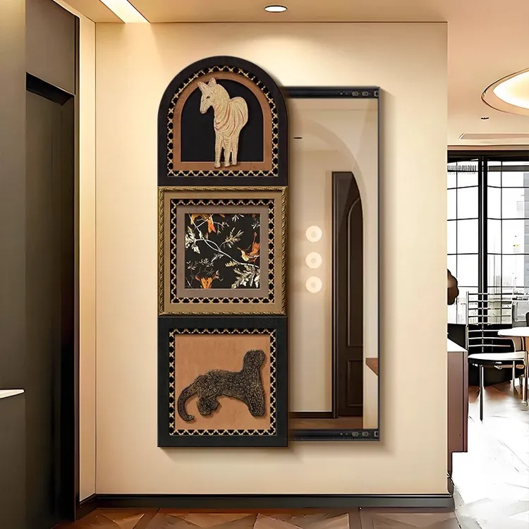 中古风入户玄关推拉镜2025年新款镜子全身穿衣镜隐藏式贴墙家用