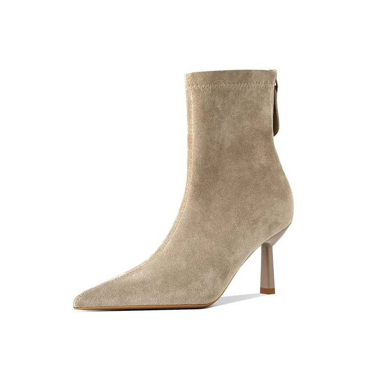 2025年秋冬新款时尚百搭绒面拉链女靴细跟短筒高跟单鞋尖头短靴女