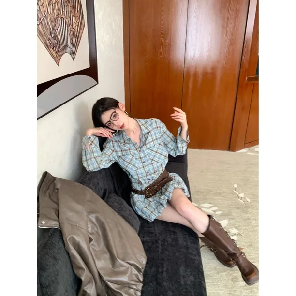 【赵小小&午后图书馆】8113 秋季复古格子长袖衬衫连衣裙女【配腰带】