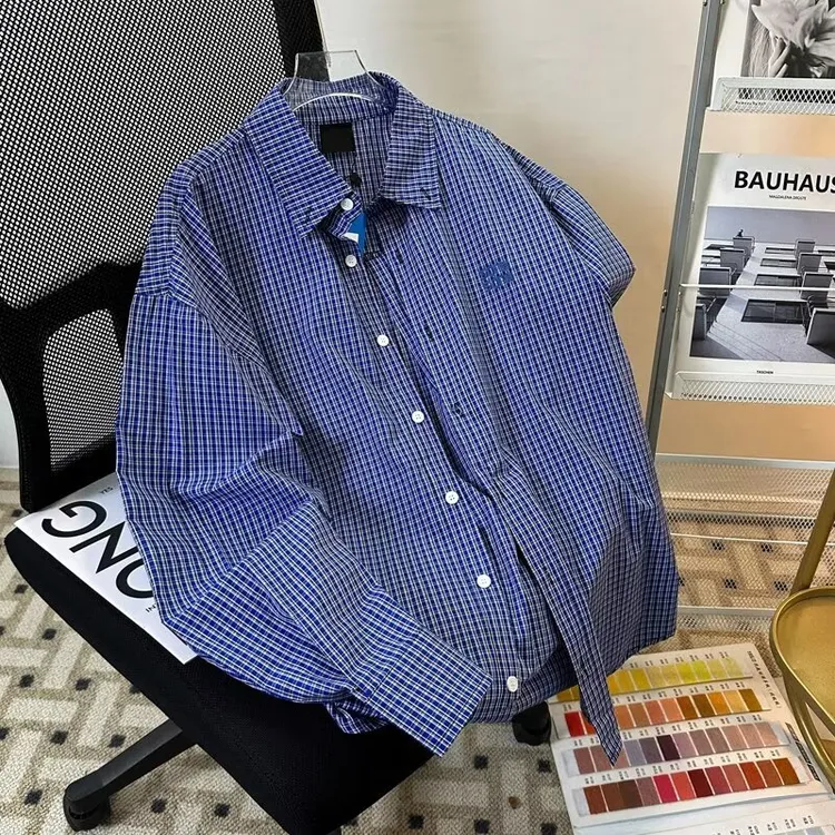 蓝色格纹长袖衬衫男春秋季美式复古刺绣休闲衬衣宽松潮流痞帅外套