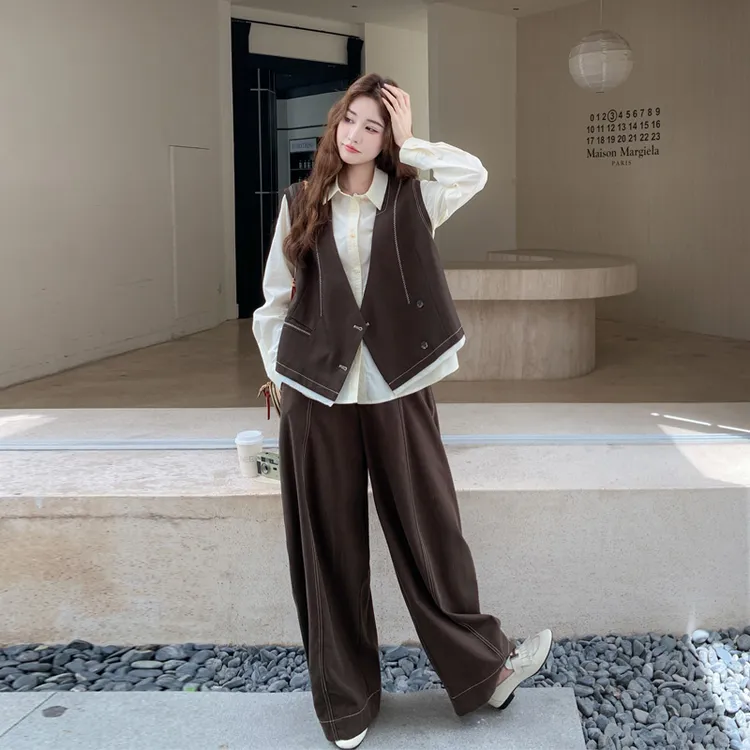 复古美拉德马甲衬衫阔腿裤套装2025春秋新款韩系ins老钱风三件套