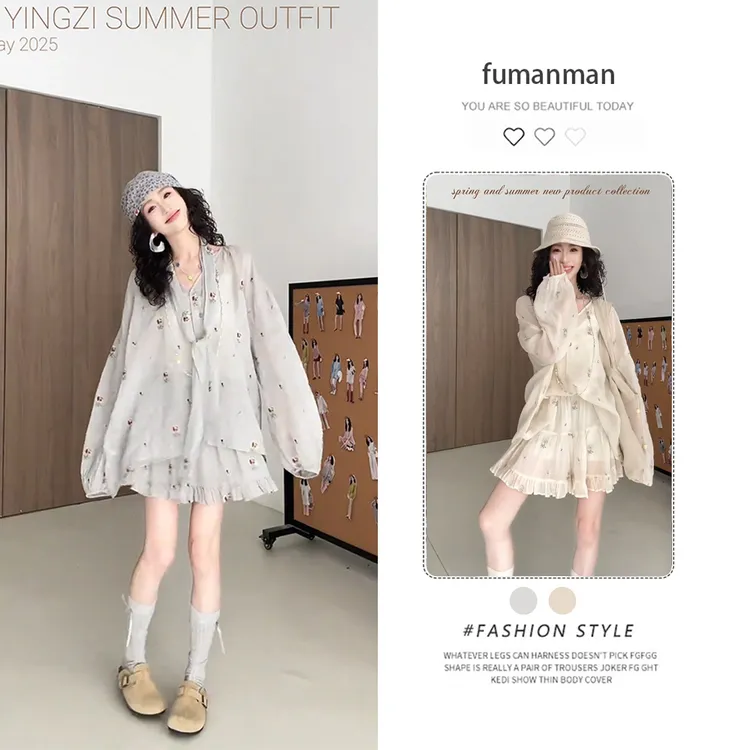 夏季韩系套装女2025新款小众慵懒风防晒上衣搭显瘦花边短裤两件套