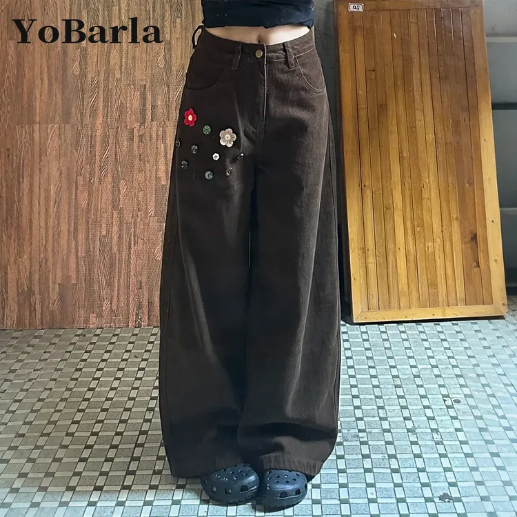 花朵纽扣复古直筒牛仔裤女冬季加绒大码胖mm宽松显瘦阔腿牛仔裤