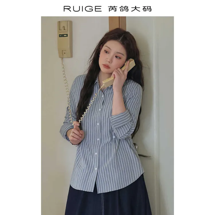 芮鸽微胖定制蓝白条纹衬衫设计感上衣胖mm洋气长袖巨显瘦0278LY