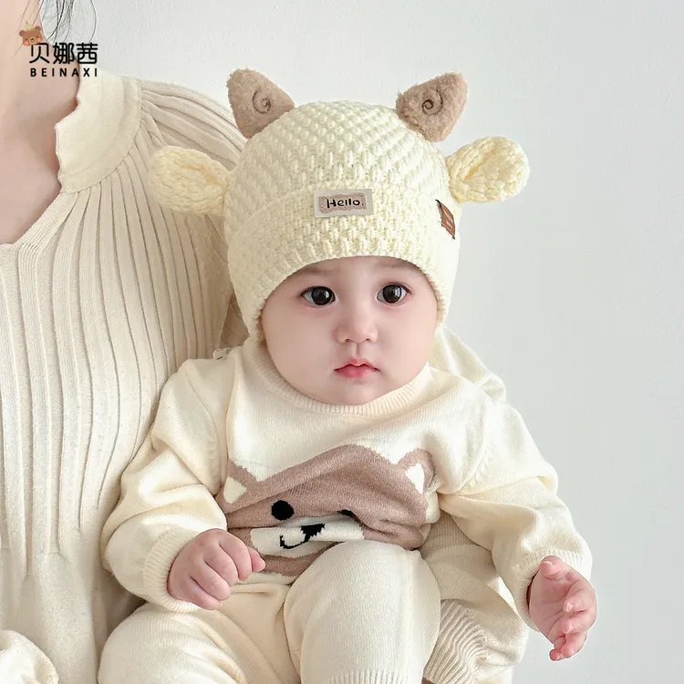 Beinaqian/贝娜茜婴儿帽子秋冬季宝宝可爱针织帽婴幼儿冬季毛线帽