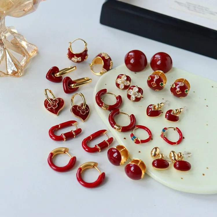黄铜亚克力耳饰 秋冬新款安可拉红色滴油耳环时尚气质百搭复古轻