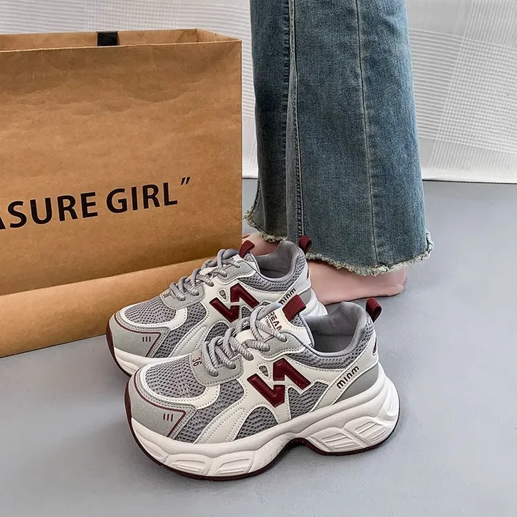 三福厚底增高老爹鞋女2025春夏新款网面透气时尚百搭休闲运动鞋