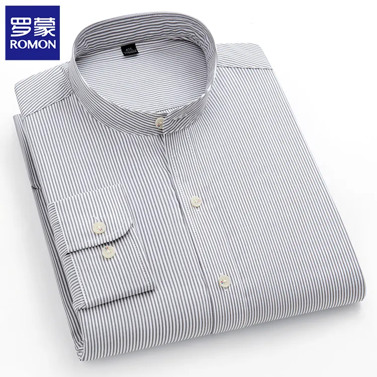 罗蒙纯棉条纹长袖衬衣春秋男士休闲男立领中青年商务修身正装衬衫