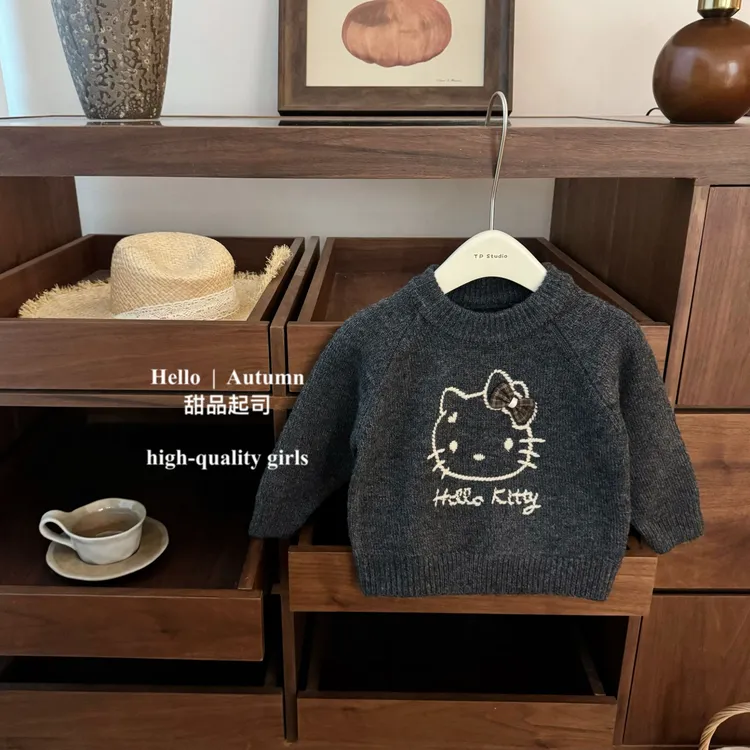 【现】【甜品起司】k门永存！韩系女宝学院风kitty猫刺绣套头洋气毛衣