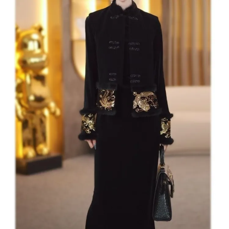 新中式国风气质刺绣丝绒毛毛马甲连衣裙