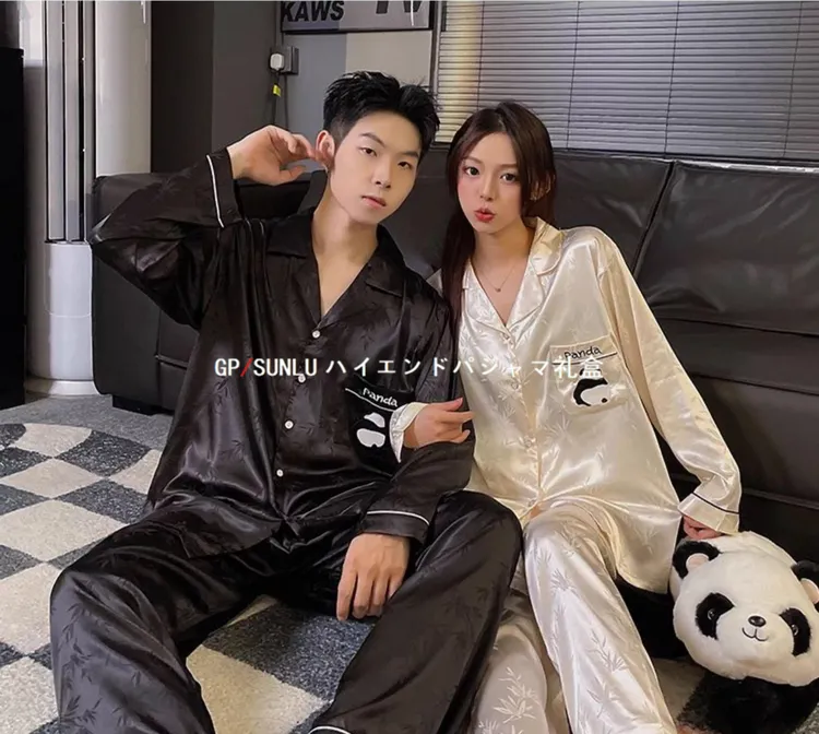 gpsunlu卡通熊猫情侣睡衣女春秋季高级感冰丝男家居服套装可外穿