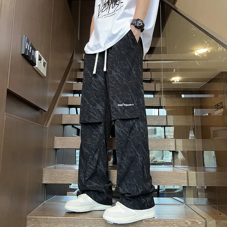 美式复古灯芯绒休闲长裤男春夏直筒高街工装裤小众设计感阔腿裤子