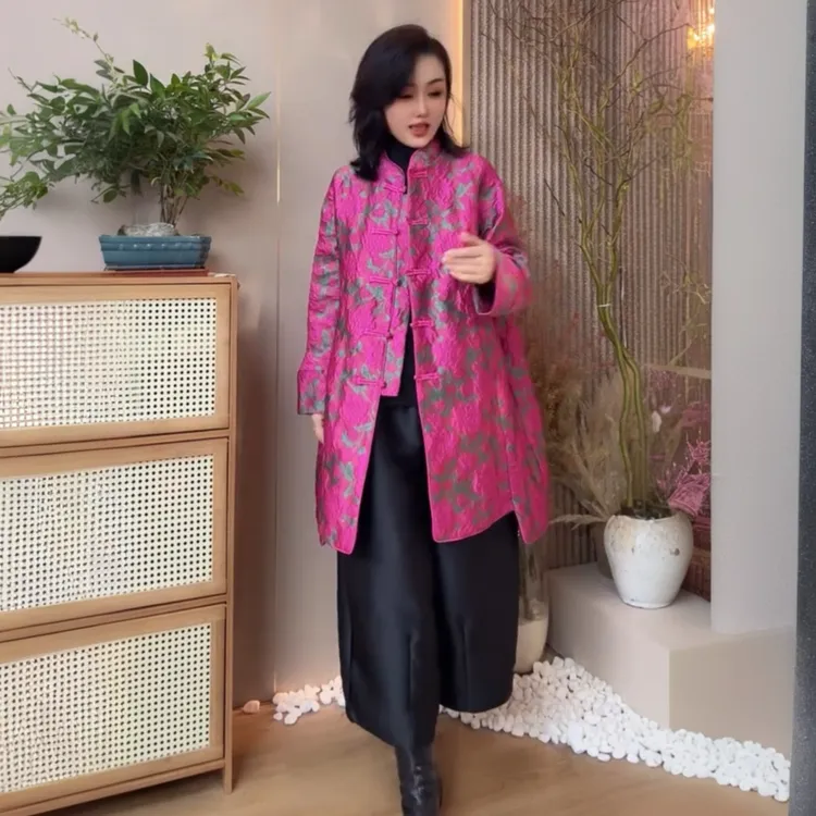 秋冬长袖阔太太高端大气国风盘扣中长款唐装风衣外套宽松提花上衣