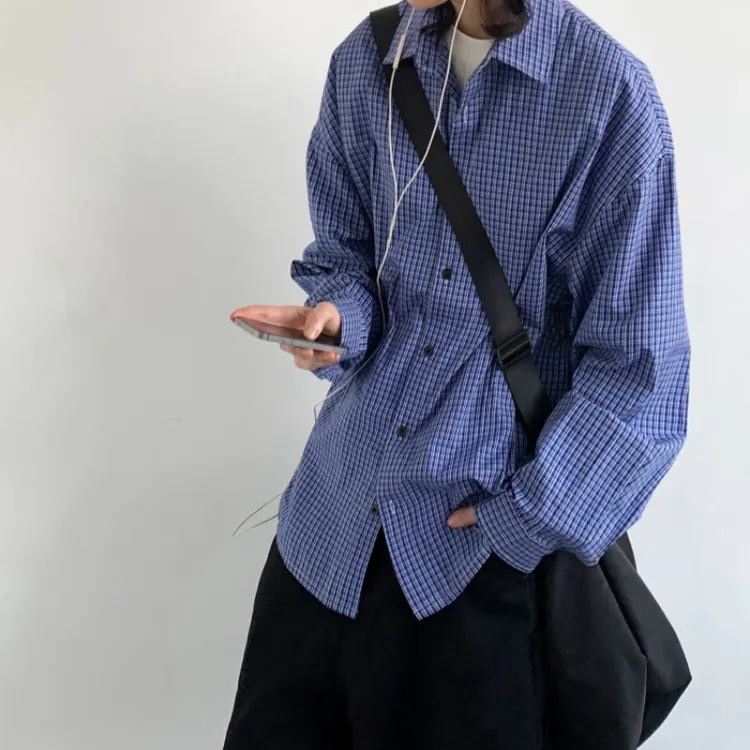 秋日系中性慵懒风蓝色格纹衬衫男女休闲格子长袖上衣外套