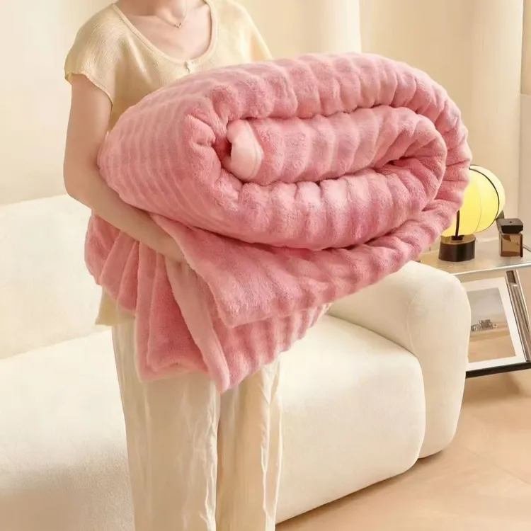 兔兔绒毯双面珊瑚绒花边双面绒毛毯双人款纯色单层简欧风盖毯柔软