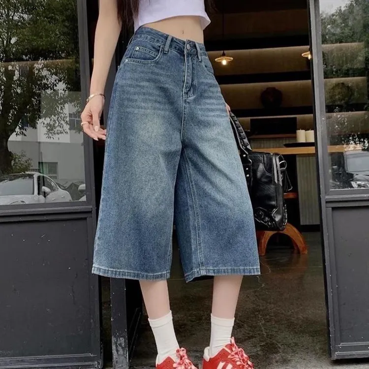 美式高街复古七分牛仔中裤女2025夏季薄款高腰款式直筒阔腿短裤子