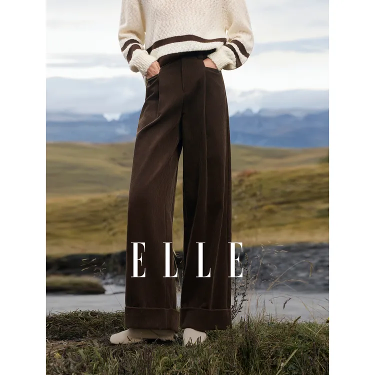 ELLE女装磨毛肌理感灯芯绒休闲裤25冬季新款通勤直筒裤子L8WKW007