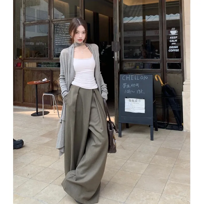 慵懒风垂感低腰休闲裤女秋季咖色西装裤复古宽松阔腿裤子拖地长裤