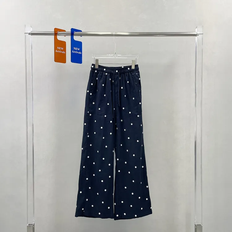 YKS欧货夏季新款亚麻波点休闲裤女薄款松紧腰棉麻拖地长裤250868