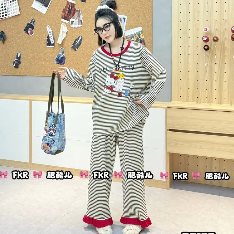 韩版卡通KT猫纯棉条纹款长袖长裤秋冬可外穿大码睡衣家居服套装
