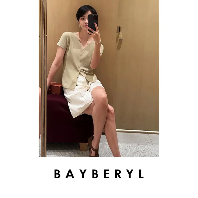 CC09-BAYBERYL老贝不素麻短*中缝高腰透气透气百搭短裤XXK5B0703
