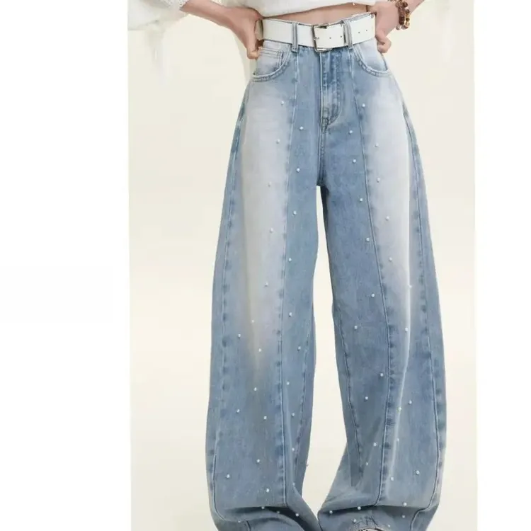 春夏季新款设计师时尚休闲百搭通勤磨白钉珠牛仔裤
