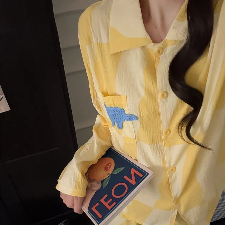 睡衣女春秋季云朵棉长袖大码冬天2025新款黄色绣花卡通套装家居服