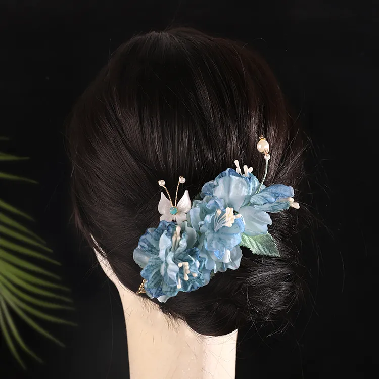 蓝色牡丹花掐丝蝴蝶古风汉服头饰花朵发夹侧边发饰新中式旗袍配饰