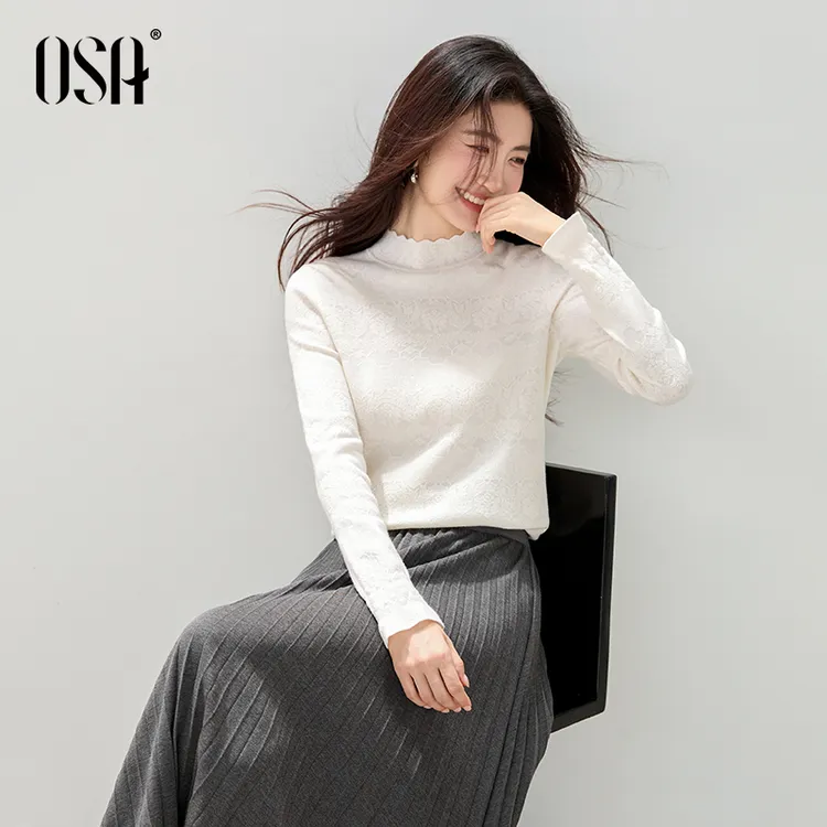【OSA/欧莎】花边半高领针织衫女复古提花设计感打底毛衣S125D16003