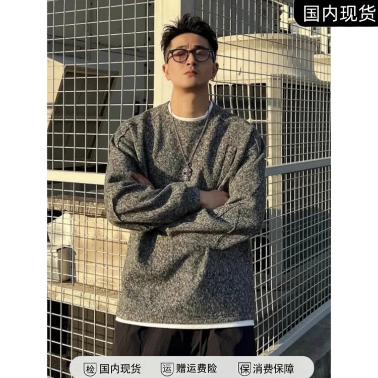 立体剪裁假两件设计款冬季美式高街潮流痞帅加绒男士圆领长袖卫衣